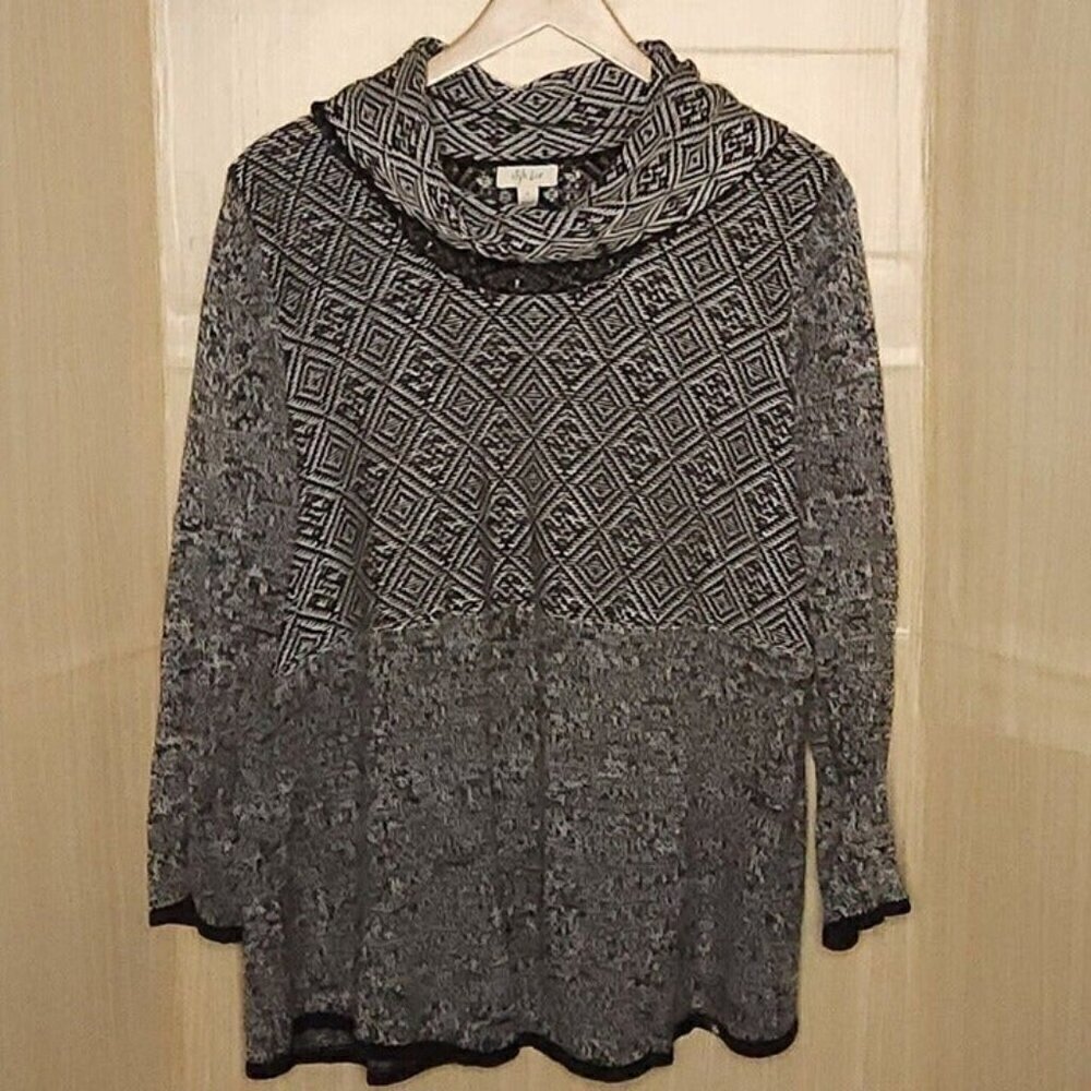 Style & Co Womens Plus Black White Mixed Pattern Cowl Sweater 2X
